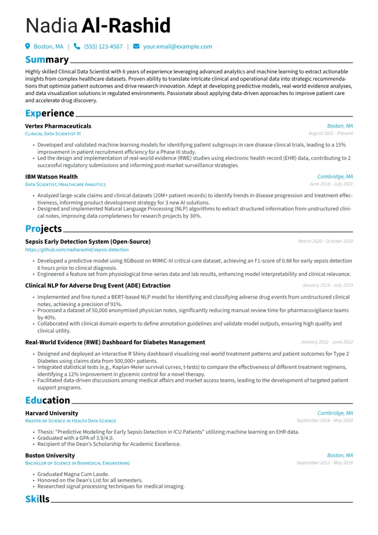 Clinical Data Scientist Resume Example CV template preview