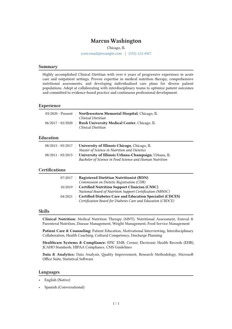 Clinical Dietitian Resume Example CV template preview
