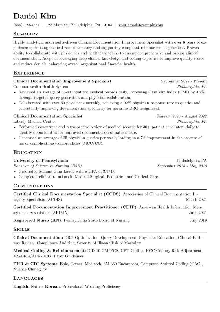 Clinical Documentation Improvement Specialist Resume Example CV template preview