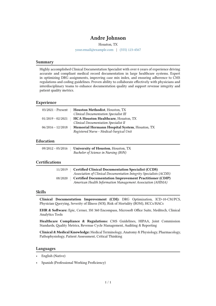 Clinical Documentation Specialist Resume Example CV template preview