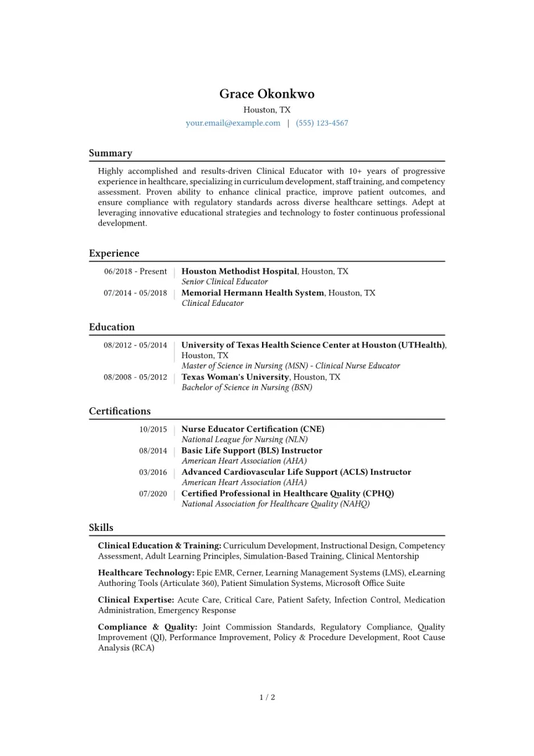 Clinical Educator Resume Example CV template preview