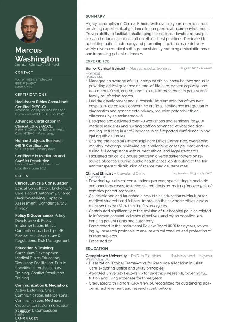 Clinical Ethicist Resume Example CV template preview