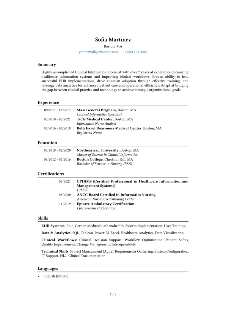Clinical Informatics Specialist Resume Example CV template preview