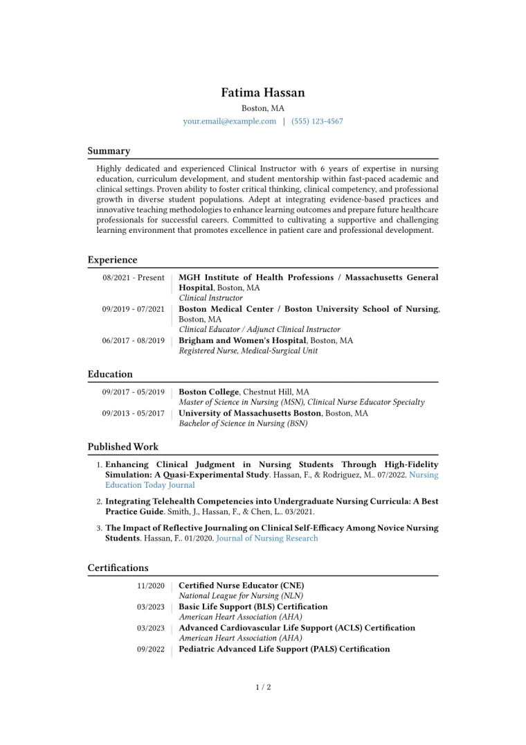 Clinical Instructor Resume Example CV template preview
