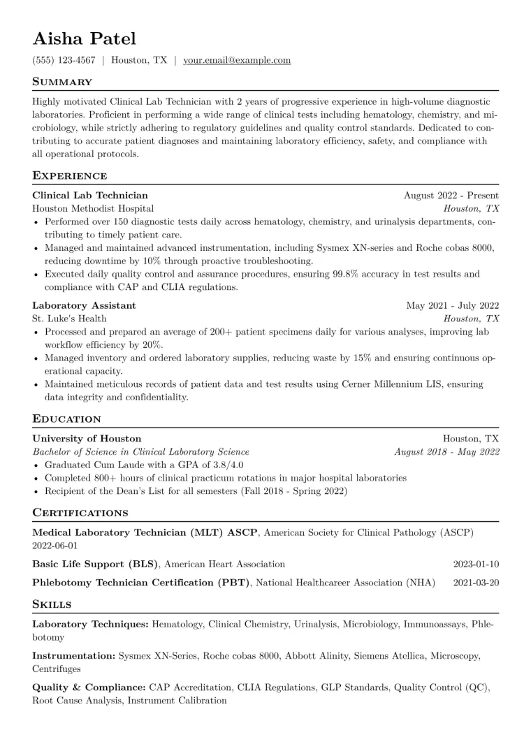 Clinical Lab Technician Resume Example CV template preview