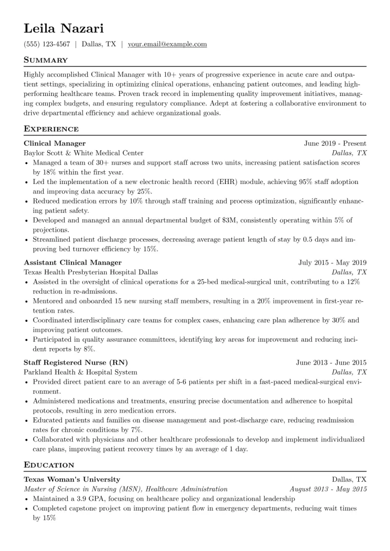 Clinical Manager Resume Example CV template preview