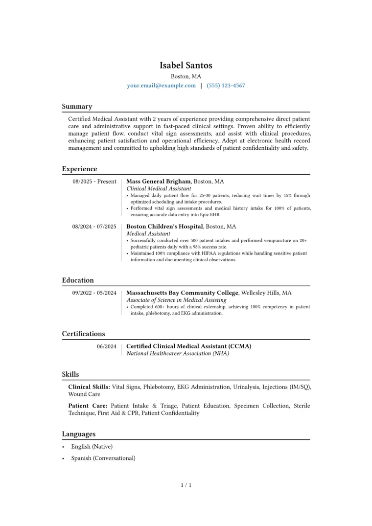 Clinical Medical Assistant Resume Example CV template preview