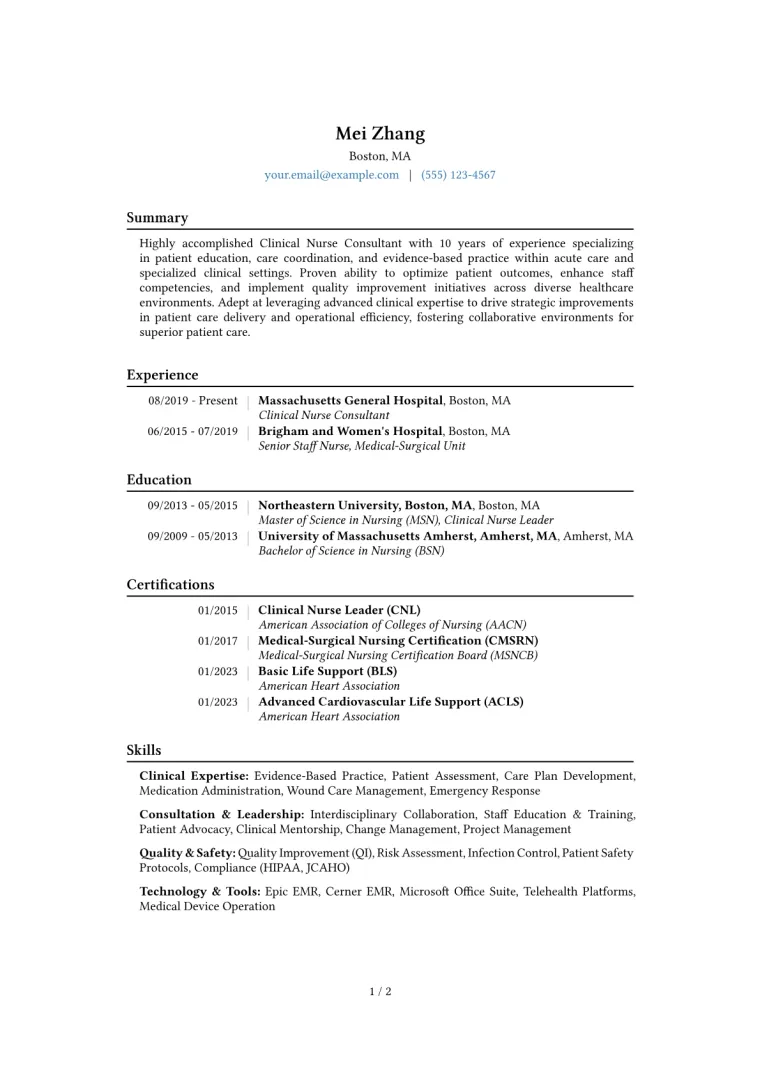 Clinical Nurse Consultant Resume Example CV template preview