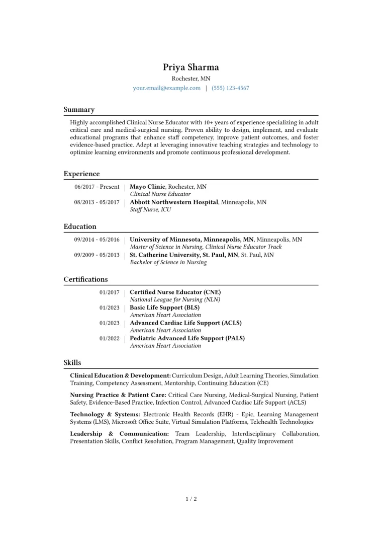 Clinical Nurse Educator Resume Example CV template preview