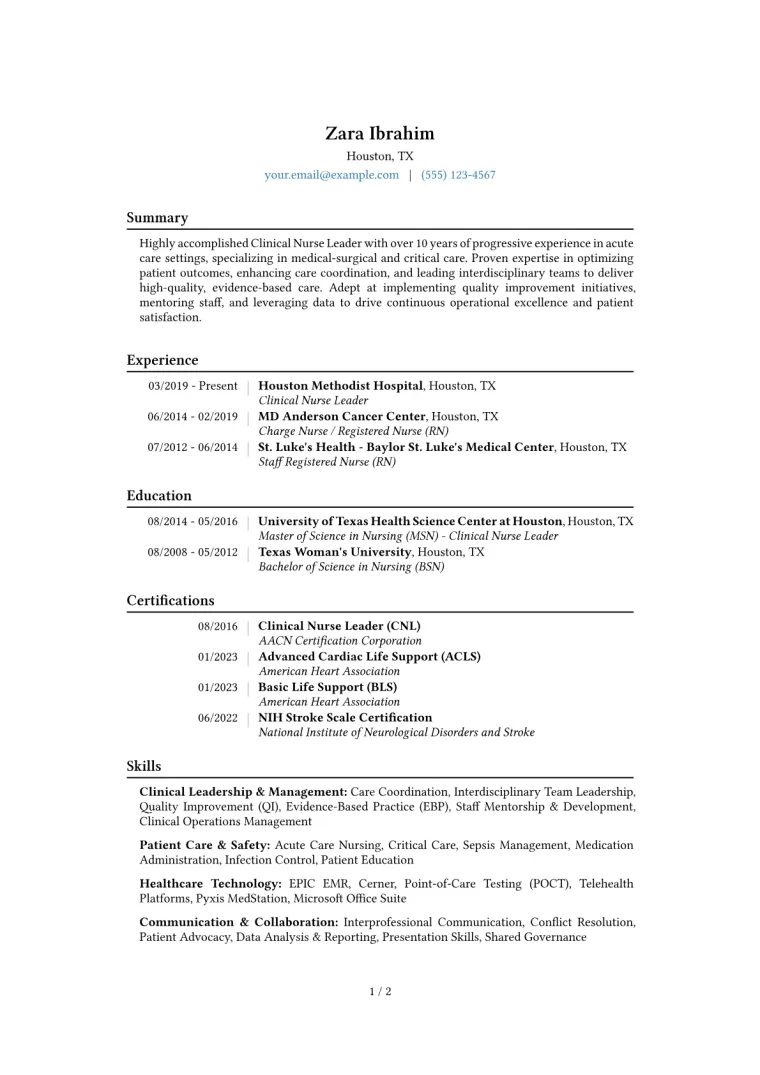 Clinical Nurse Leader Resume Example CV template preview