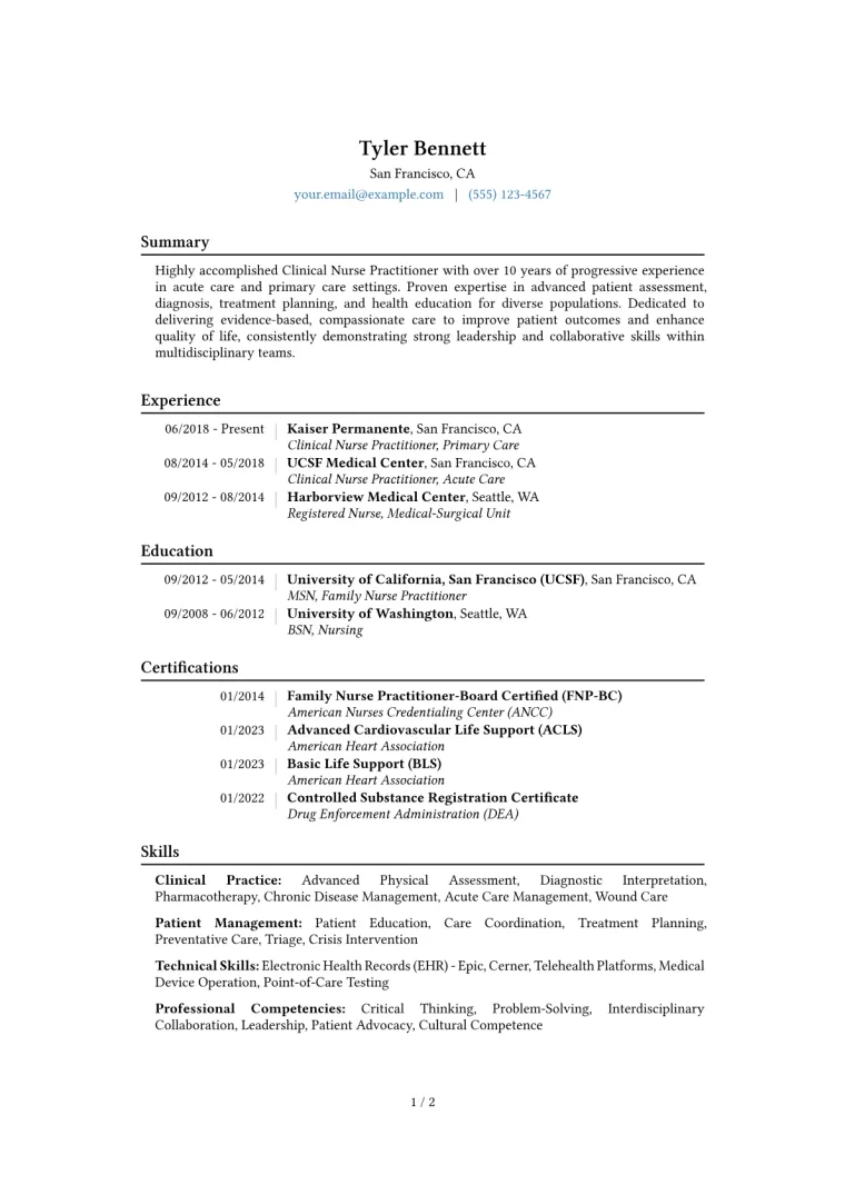 Clinical Nurse Practitioner Resume Example CV template preview