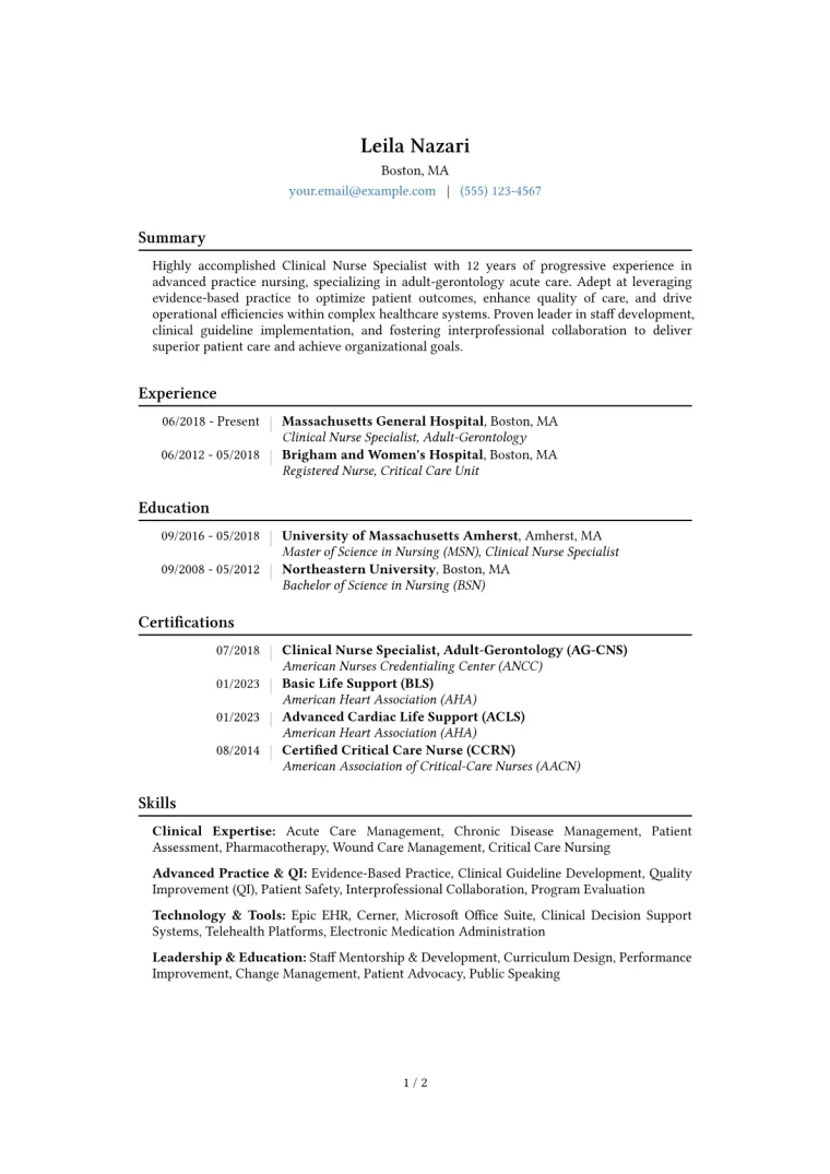 Clinical Nurse Specialist Resume Example CV template preview