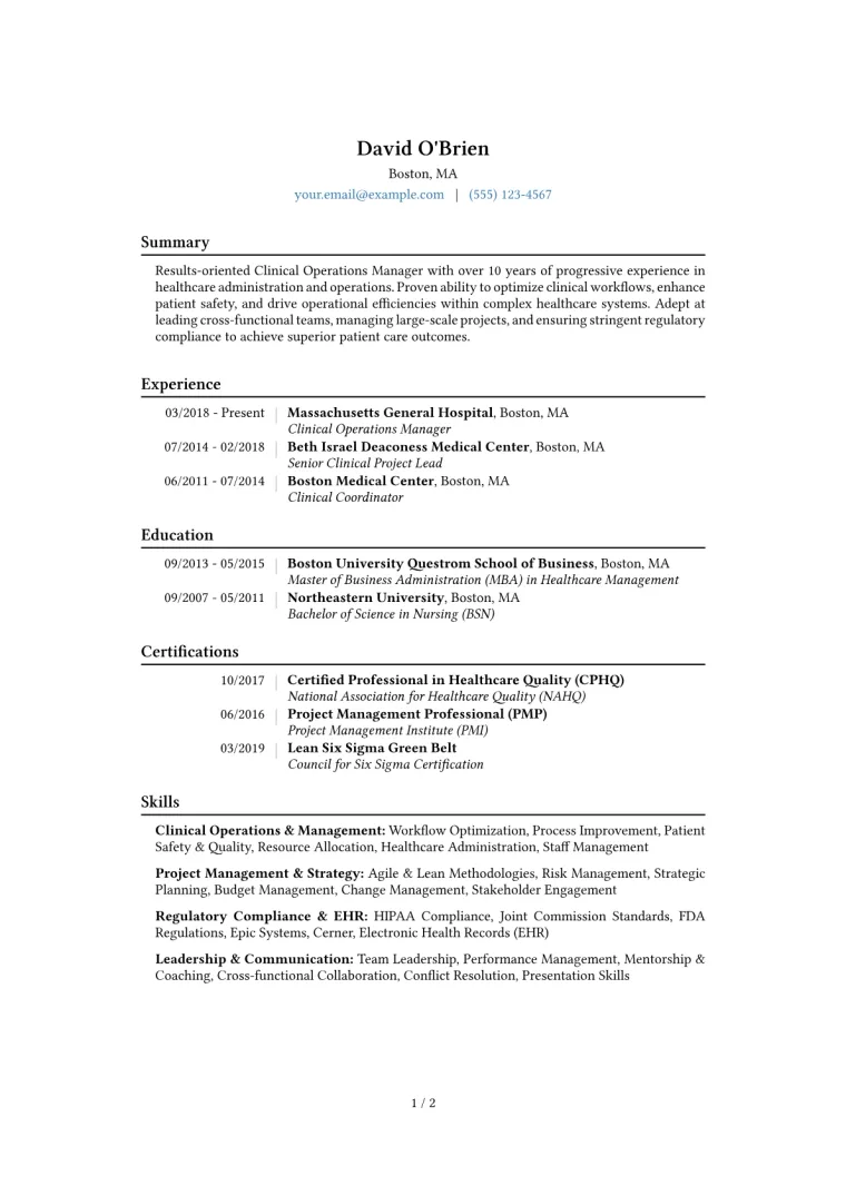 Clinical Operations Manager Resume Example CV template preview