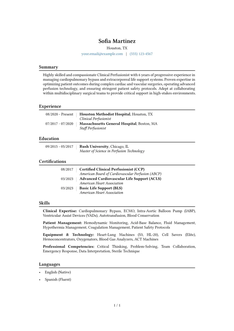 Clinical Perfusionist Resume Example CV template preview