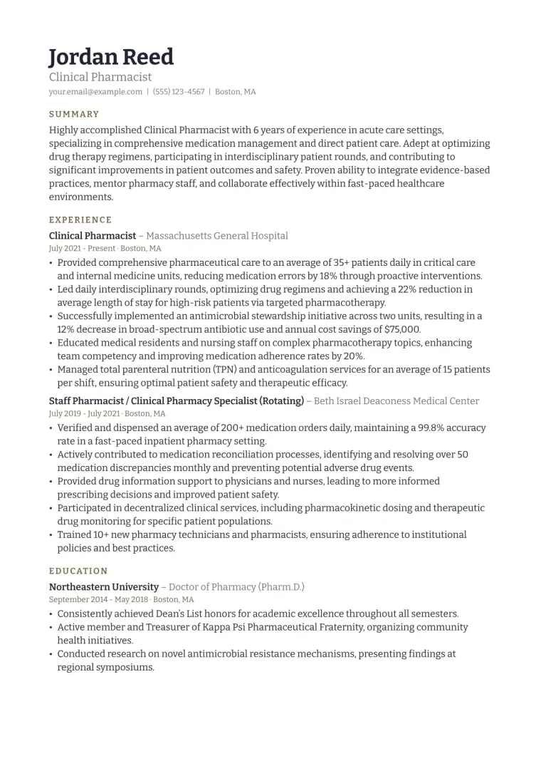 Clinical Pharmacist Resume Example CV template preview