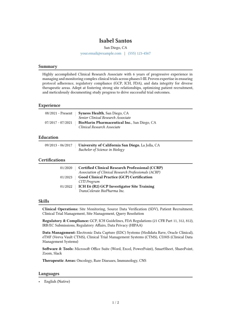 Clinical Research Associate Resume Example CV template preview