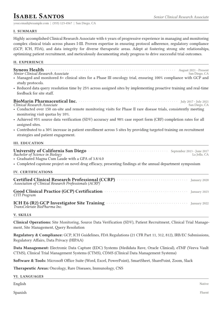 Clinical Research Associate Resume Example CV template preview