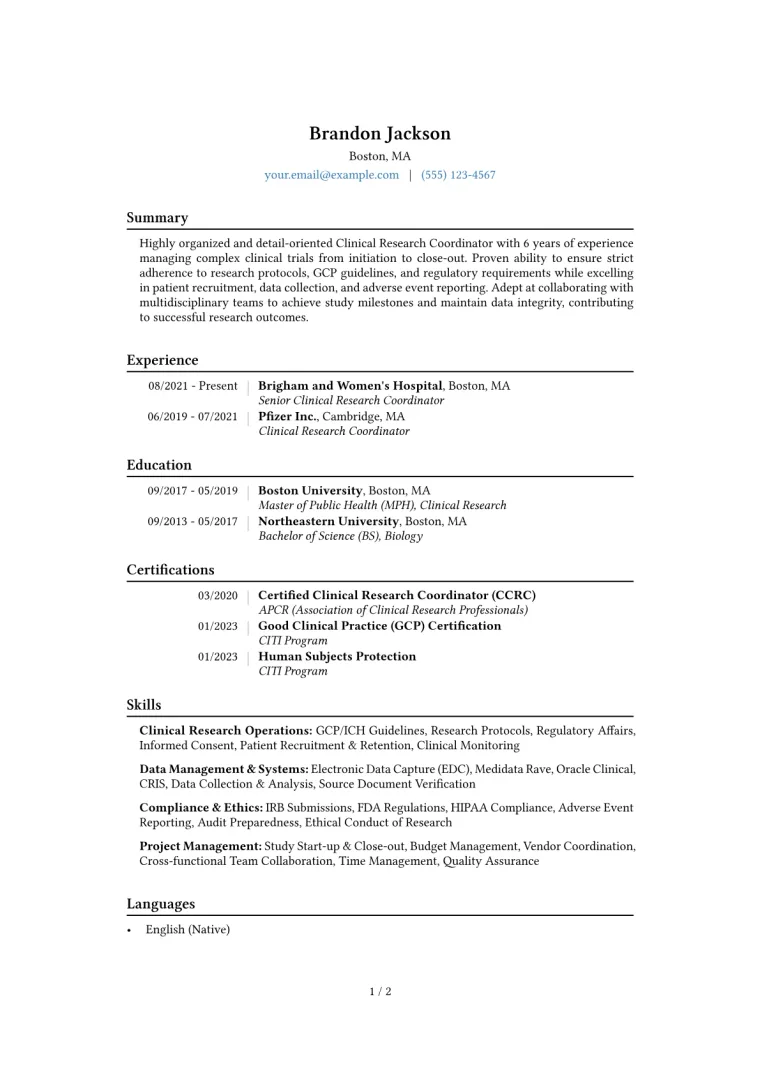 Clinical Research Coordinator Resume Example CV template preview