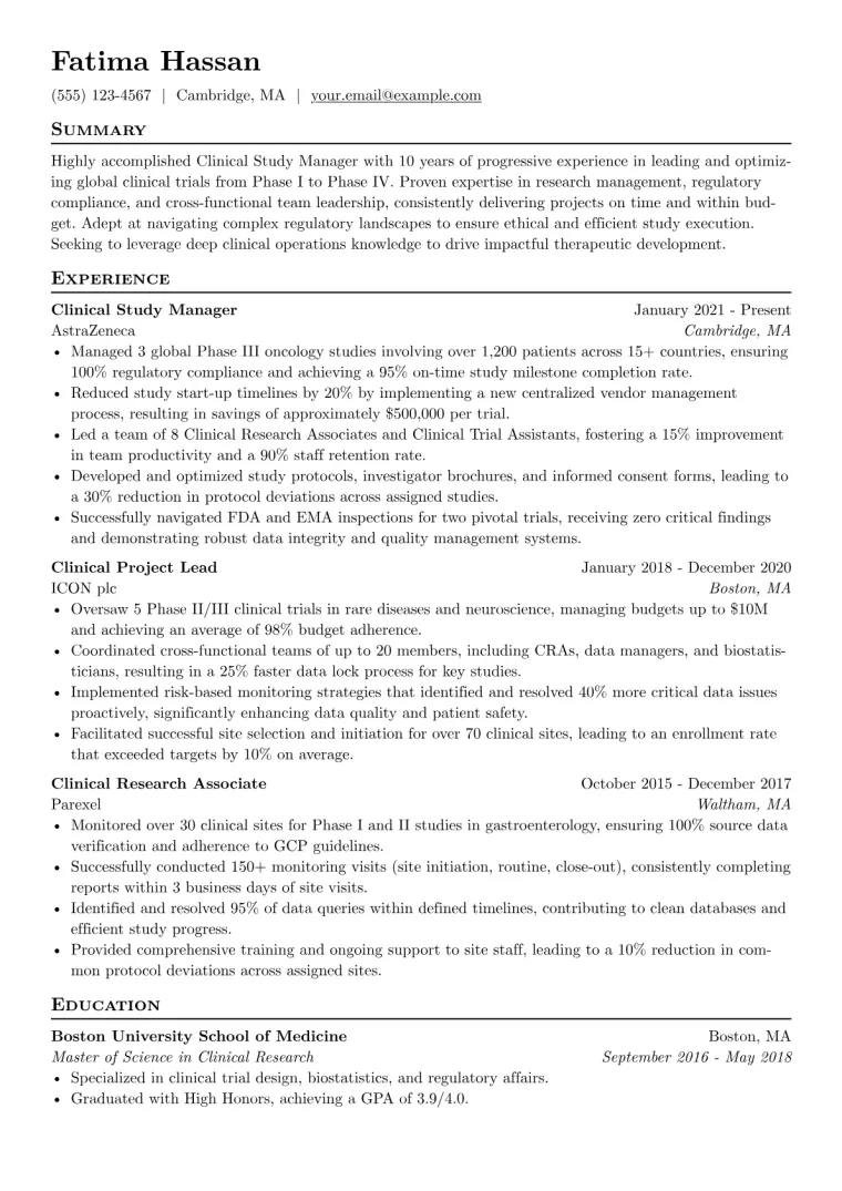 Clinical Study Manager Resume Example CV template preview