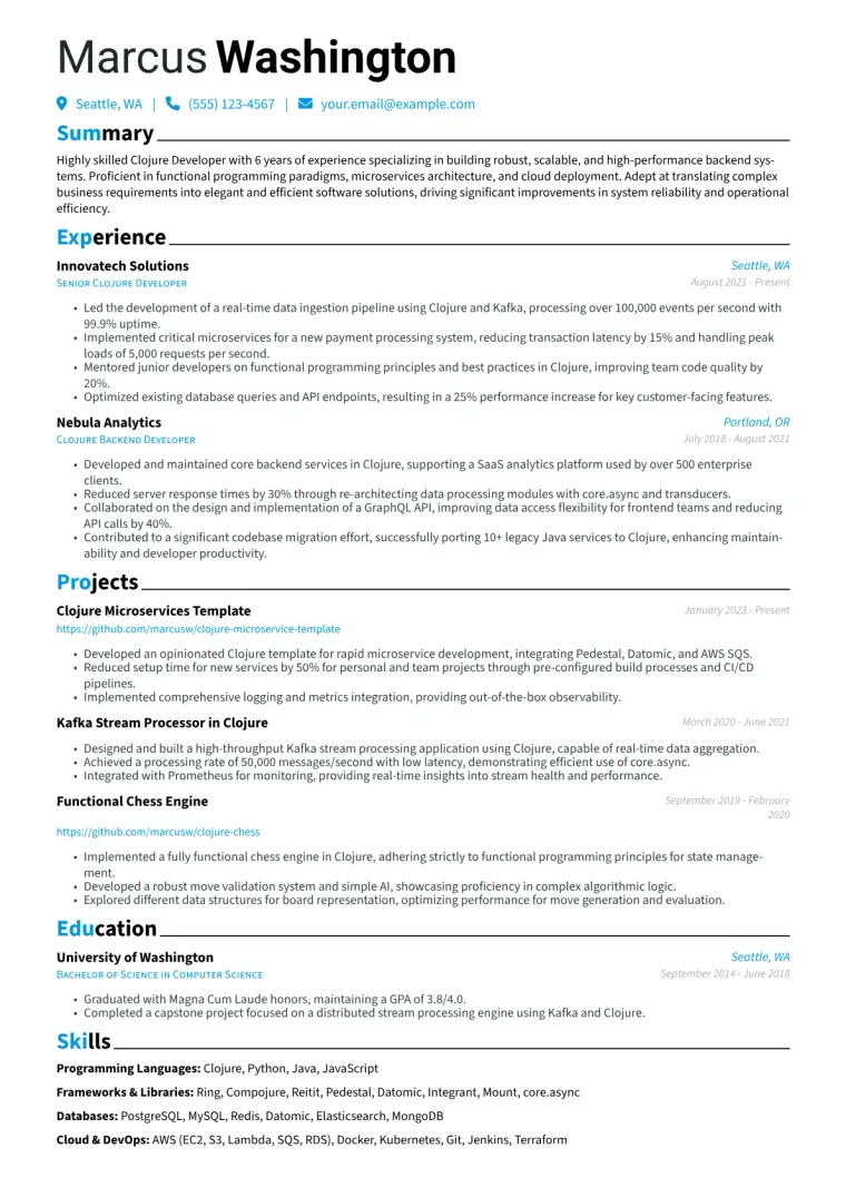 Clojure Developer Resume Example CV template preview