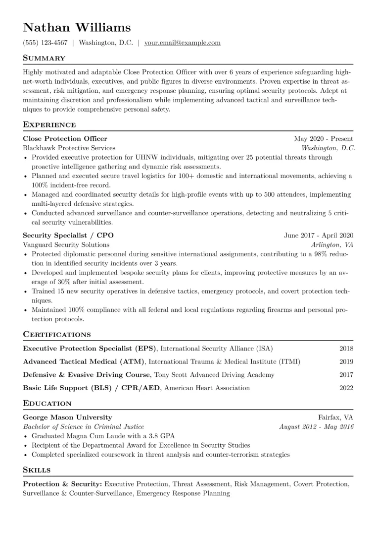 Close Protection Officer Resume Example CV template preview
