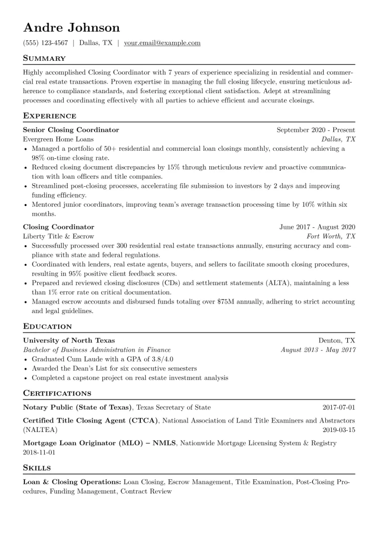 Closing Coordinator Resume Example CV template preview