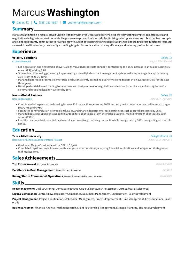 Closing Manager Resume Example CV template preview