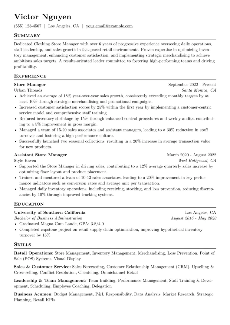 Clothing Store Manager Resume Example CV template preview