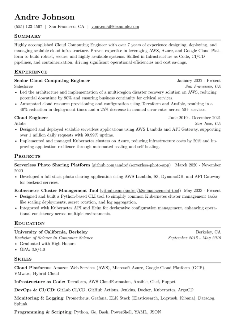 Cloud Computing Engineer Resume Example CV template preview