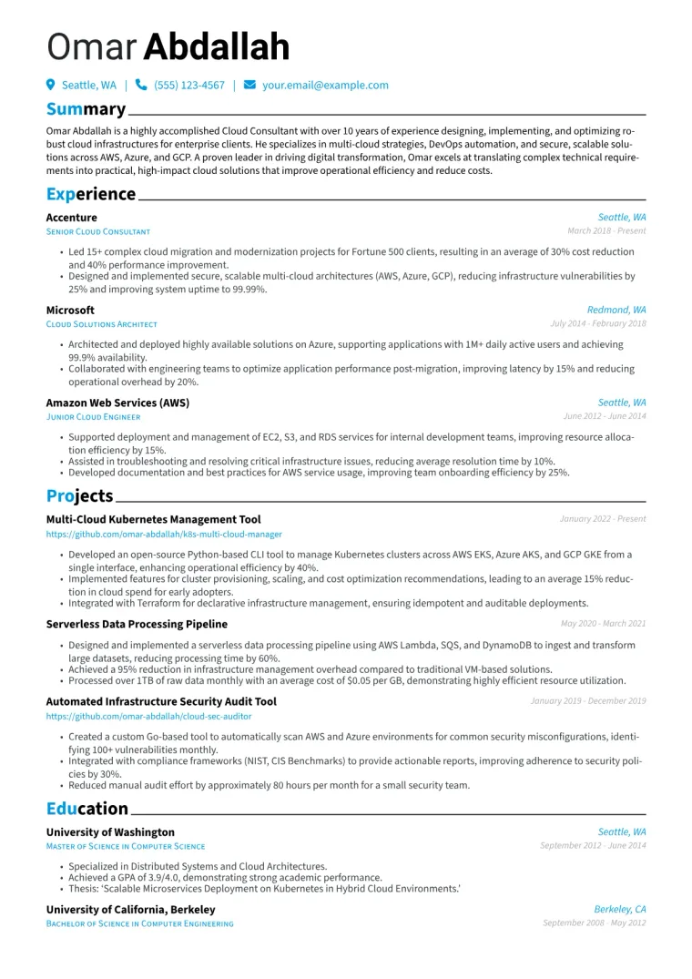 Cloud Consultant Resume Example CV template preview