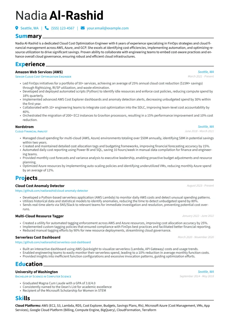 Cloud Cost Optimization Engineer Resume Example CV template preview