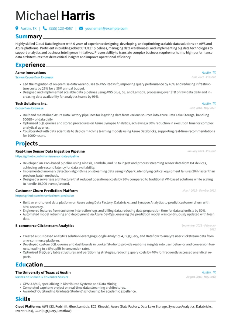 Cloud Data Engineer Resume Example CV template preview