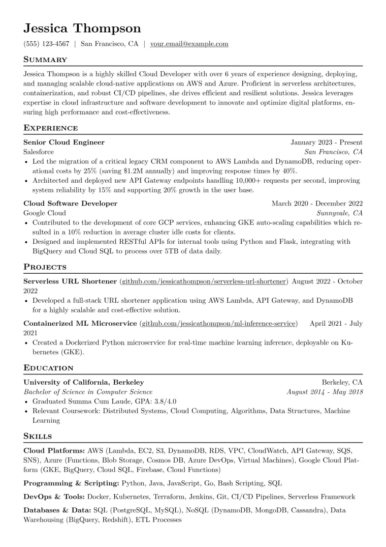 Cloud Developer Resume Example preview