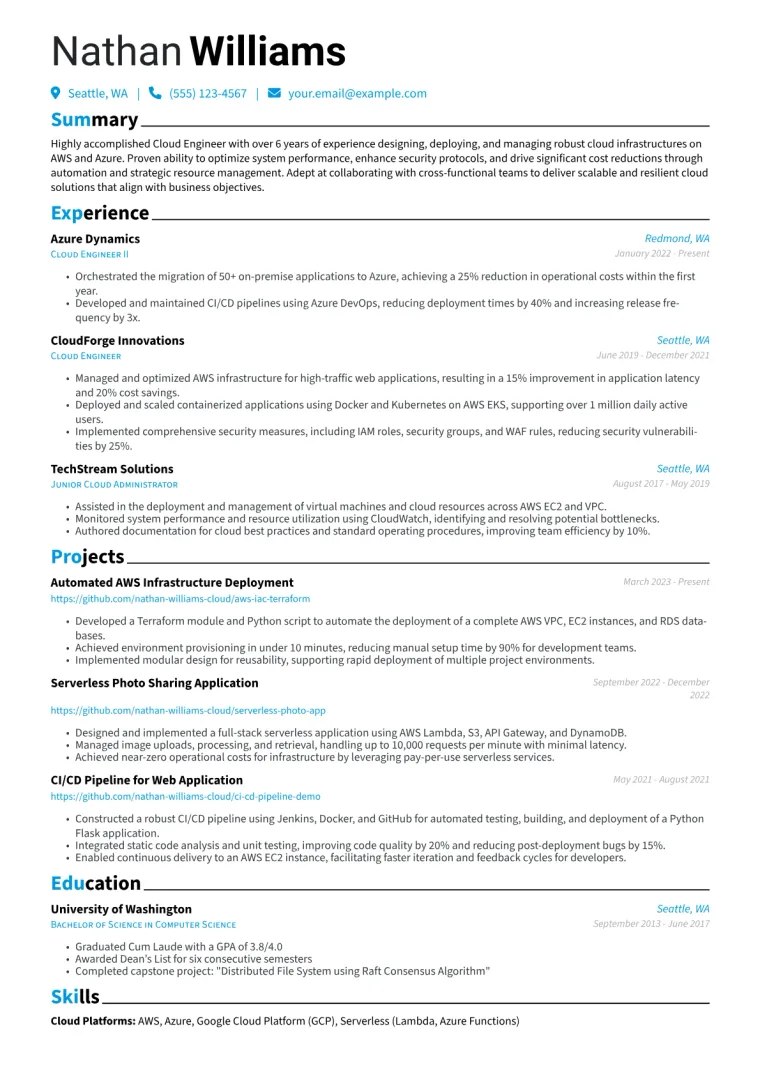 Cloud Engineer Resume Example CV template preview