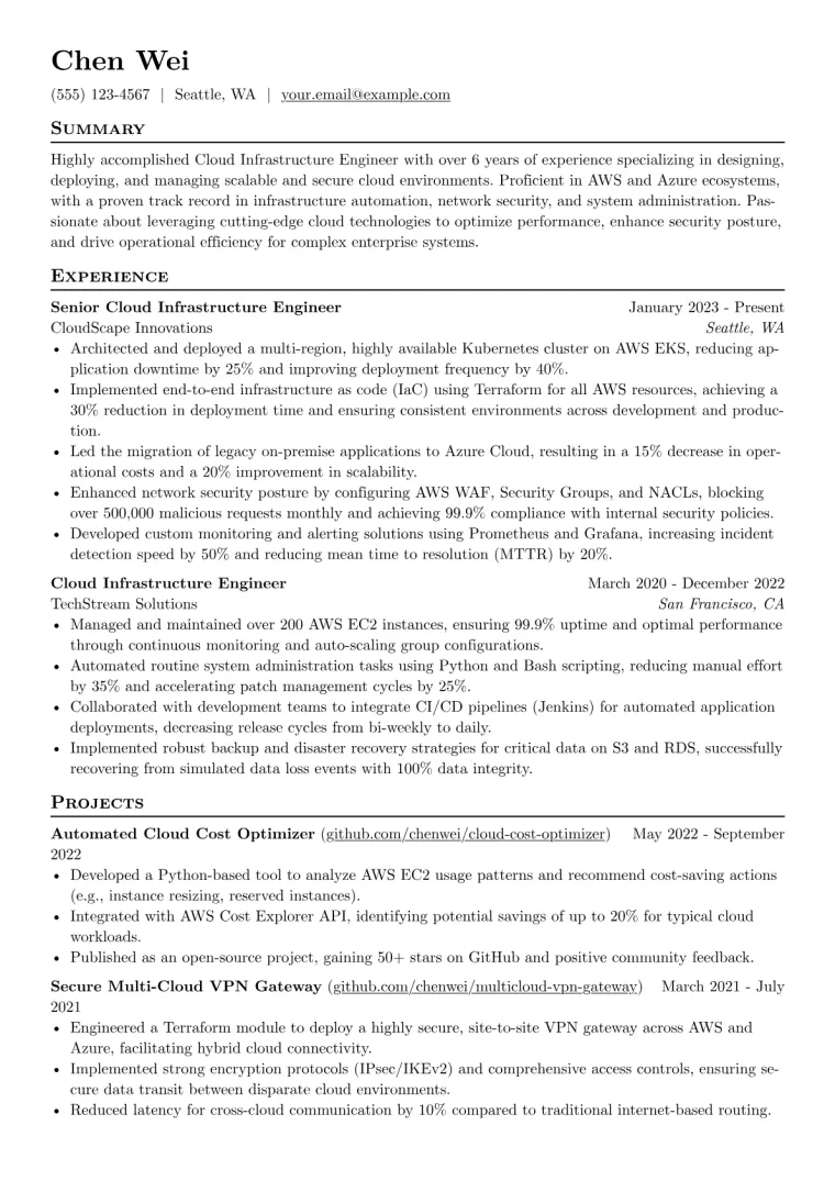 Cloud Infrastructure Engineer Resume Example CV template preview