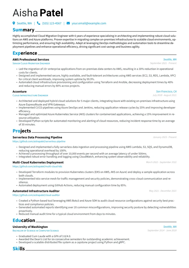 Cloud Migration Engineer Resume Example CV template preview