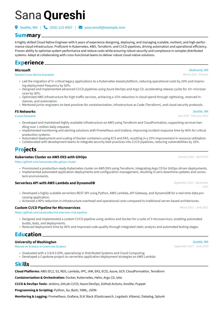 Cloud Native Engineer Resume Example CV template preview