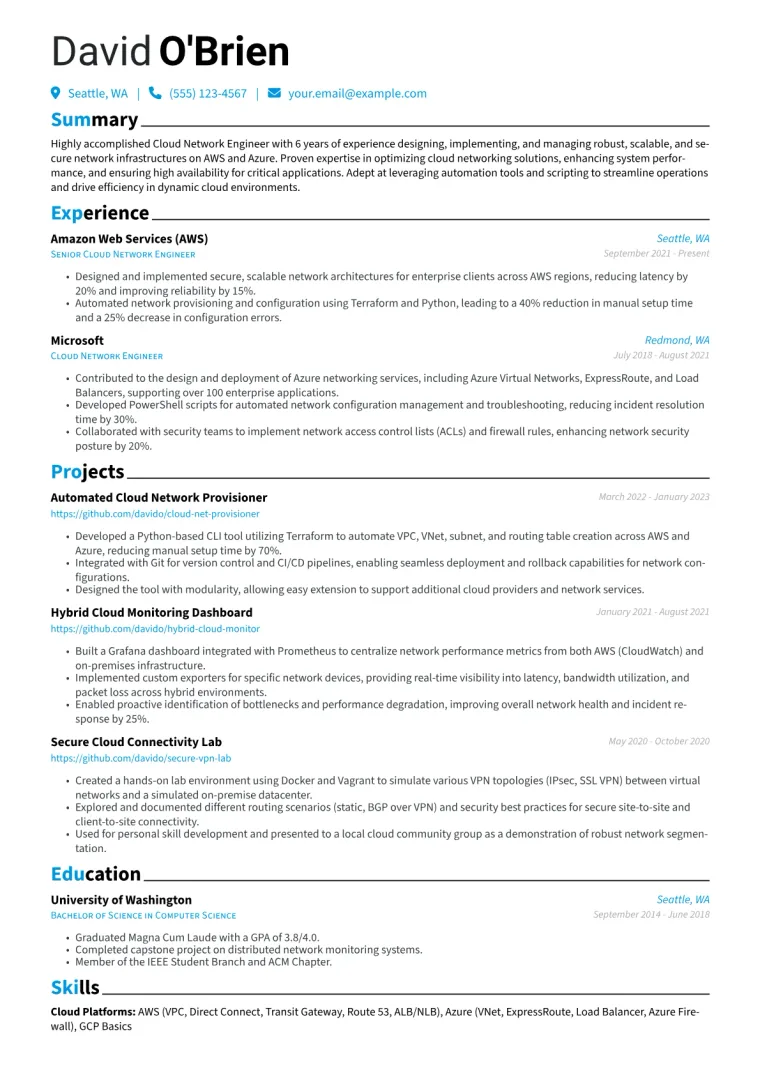 Cloud Network Engineer Resume Example CV template preview