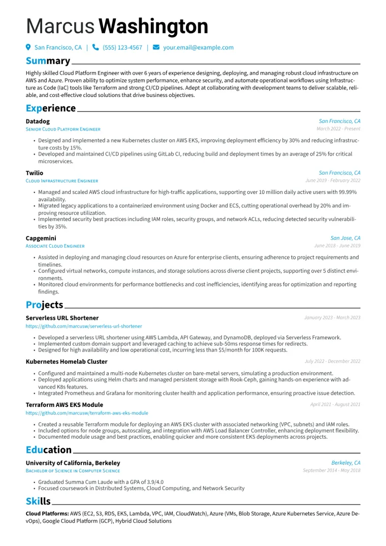 Cloud Platform Engineer Resume Example CV template preview