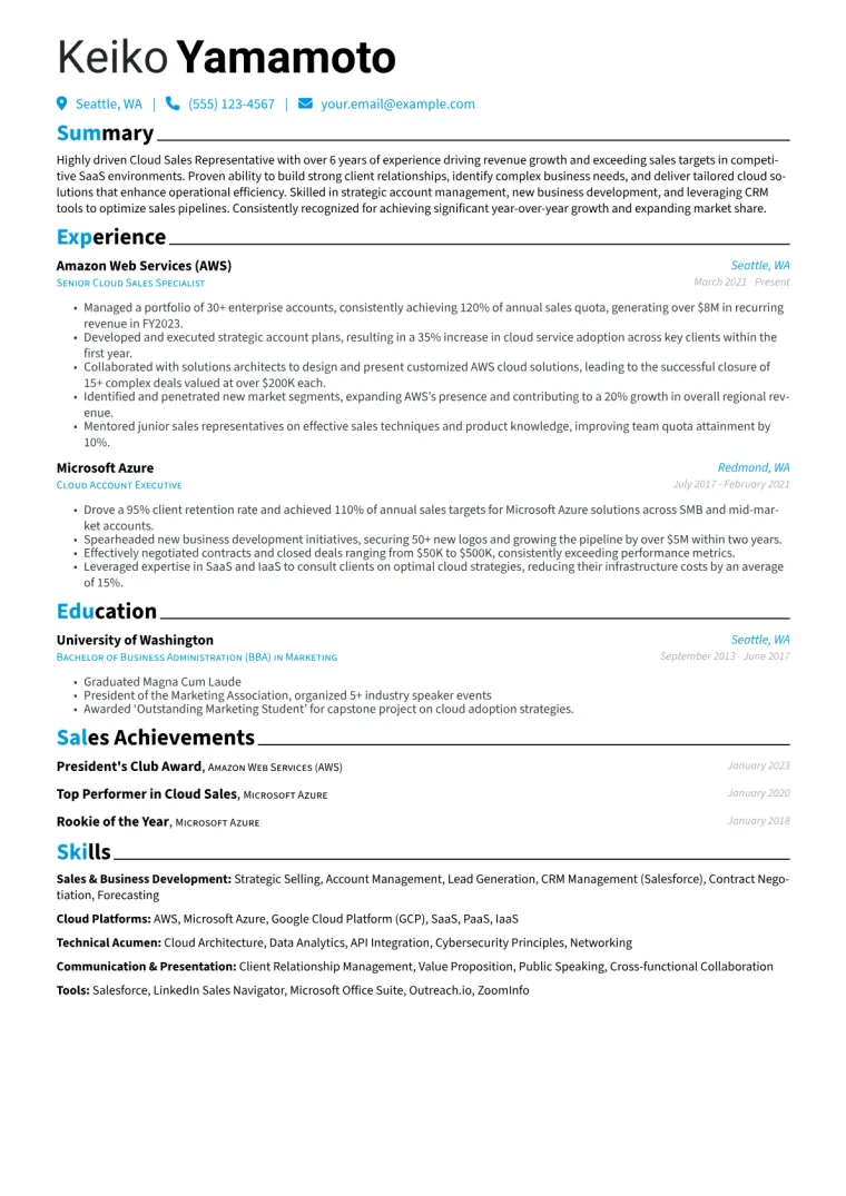 Cloud Sales Representative Resume Example CV template preview
