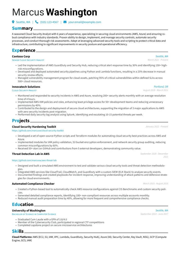 Cloud Security Analyst Resume Example CV template preview