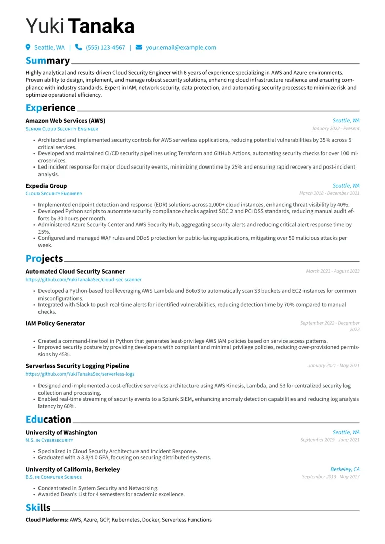 Cloud Security Engineer Resume Example CV template preview
