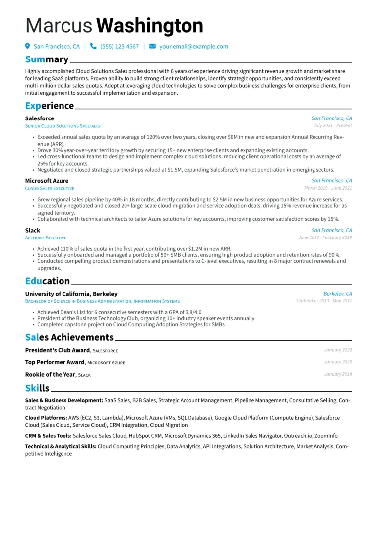 Cloud Solutions Sales Resume Example CV template preview