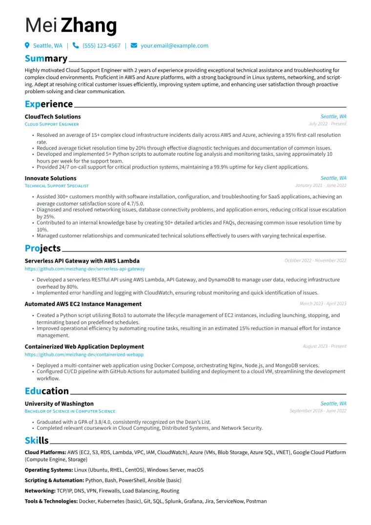 Cloud Support Engineer Resume Example CV template preview