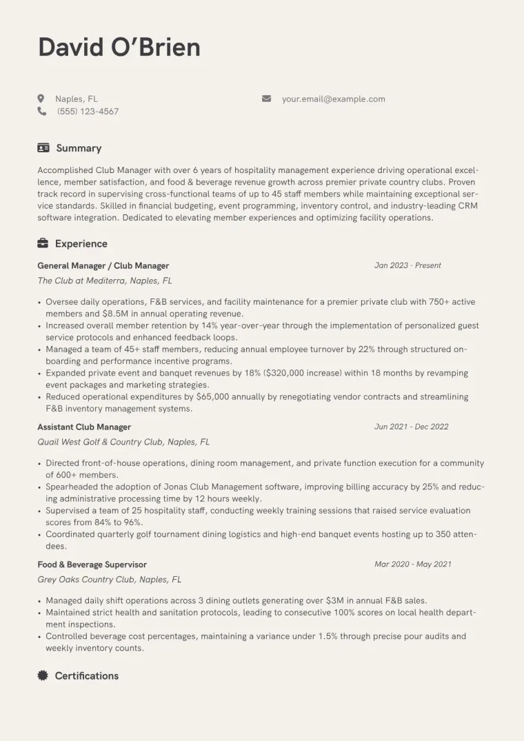 Club Manager Resume Example CV template preview