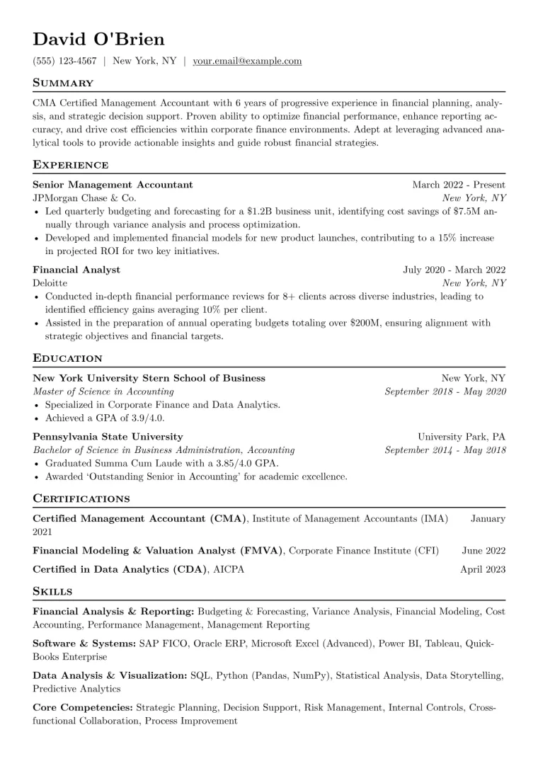 CMA Certified Accountant Resume Example CV template preview