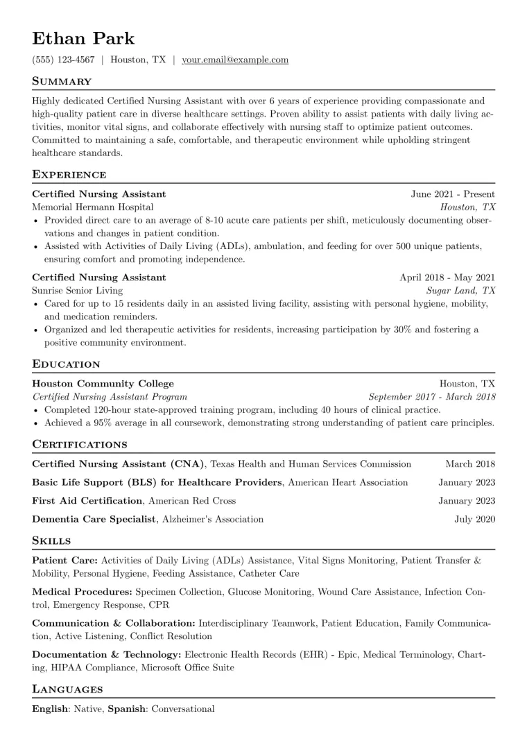 CNA Resume Example CV template preview