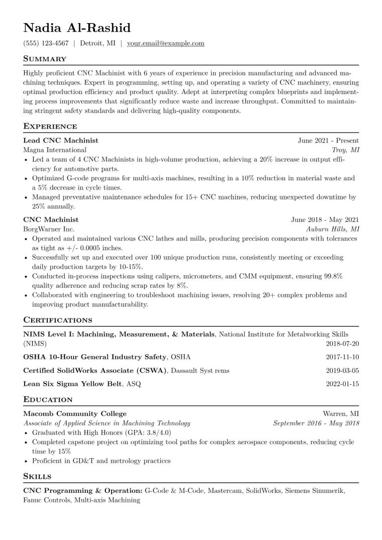 CNC Machinist Resume Example CV template preview