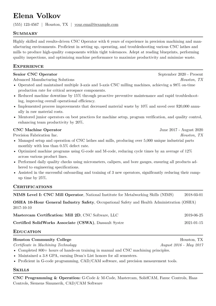 CNC Operator Resume Example CV template preview