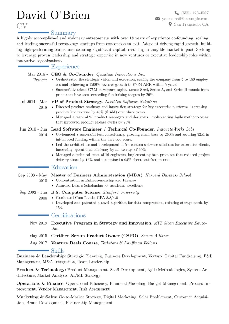 Co-Founder Resume Example CV template preview